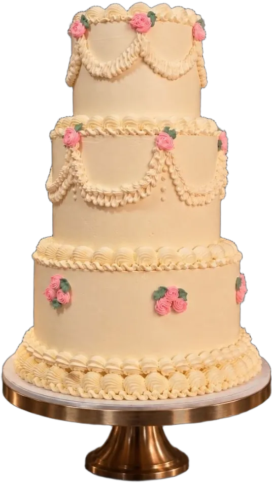 Tarta de boda de tres pisos color melocotón con guirnaldas de manga y rosas, sobre un pie dorado