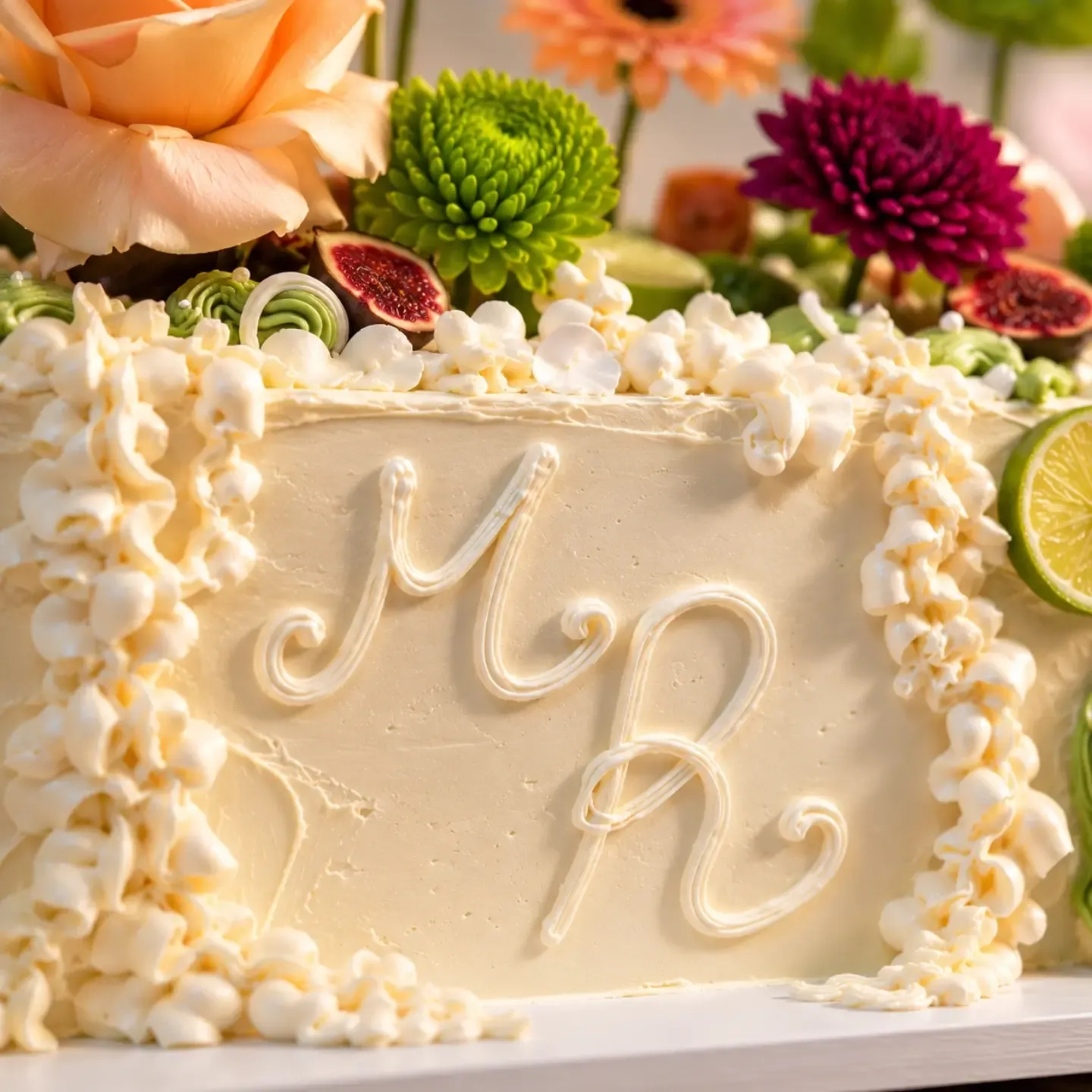 Iniciales escritas con manga en una tarta rectangular de buttercream rodeada de flores