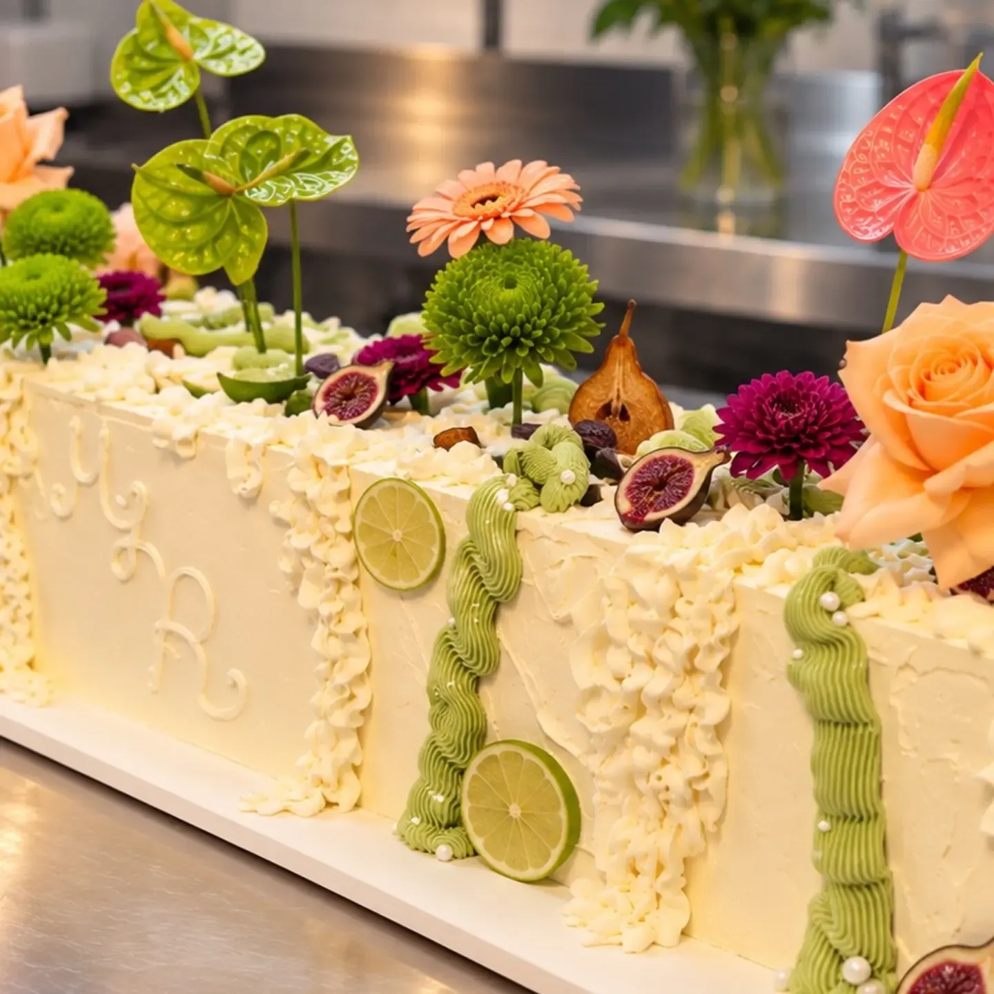 Tarta rectangular larga de buttercream con iniciales, flores naturales, rodajas de lima e higos